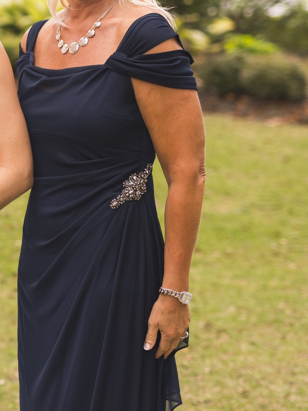 Alex Evenings Navy Blue Evening Gown with Beaded Waist Accent